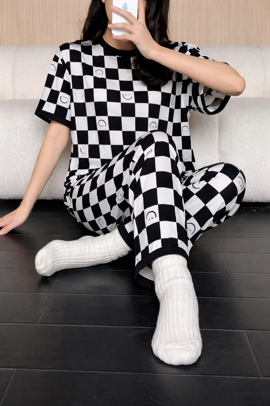 black white smile check night suit women pajama set comfortable sleepwear ladies loungewear two piece printed nightwear Gharsaman