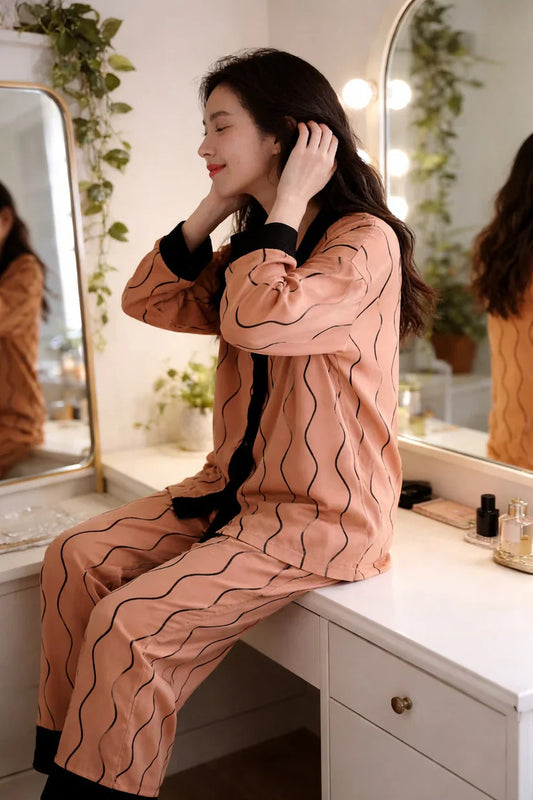 orange black lining button night suit women pajama set comfortable sleepwear ladies loungewear two piece nightwear Gharsaman