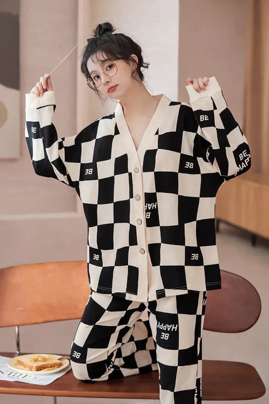Off White Black Check V Neck Button PJ Set Women