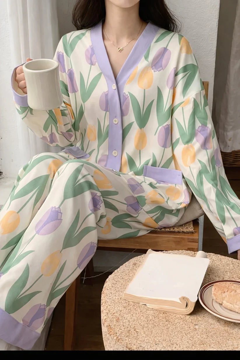 white floral button night suit women pajama set soft comfortable sleepwear ladies loungewear two piece printed nightwear Gharsaman