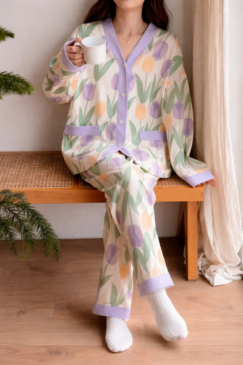 white floral button night suit women pajama set soft comfortable sleepwear ladies loungewear two piece printed nightwear Gharsaman
