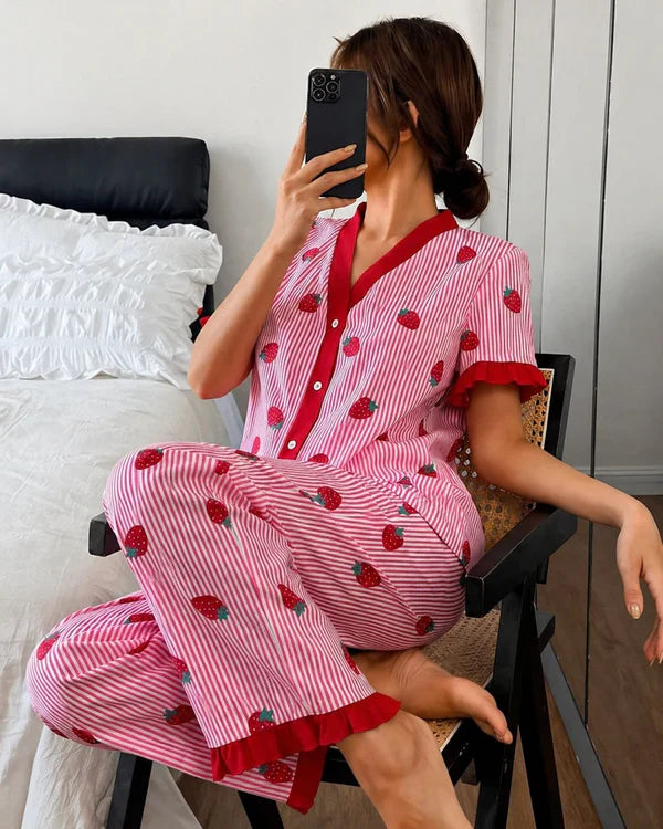 pink strawberry button night suit women pajama set Gharsaman