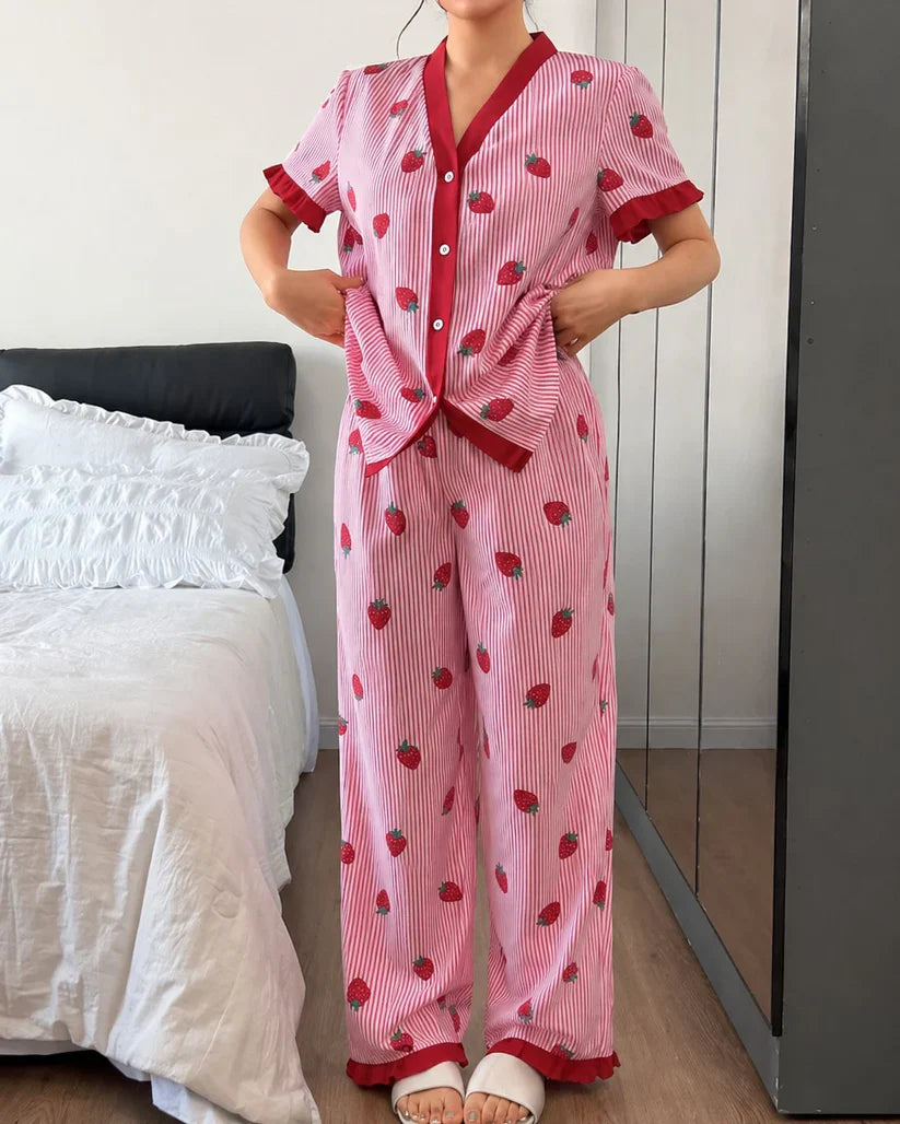 pink strawberry button night suit women pajama set Gharsaman