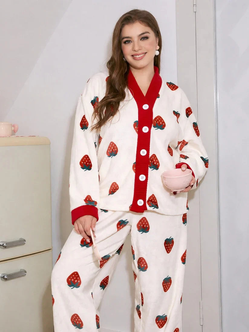 white red strawberry button night suit women pajama set cute comfortable sleepwear ladies loungewear two piece printed nightwear Gharsaman