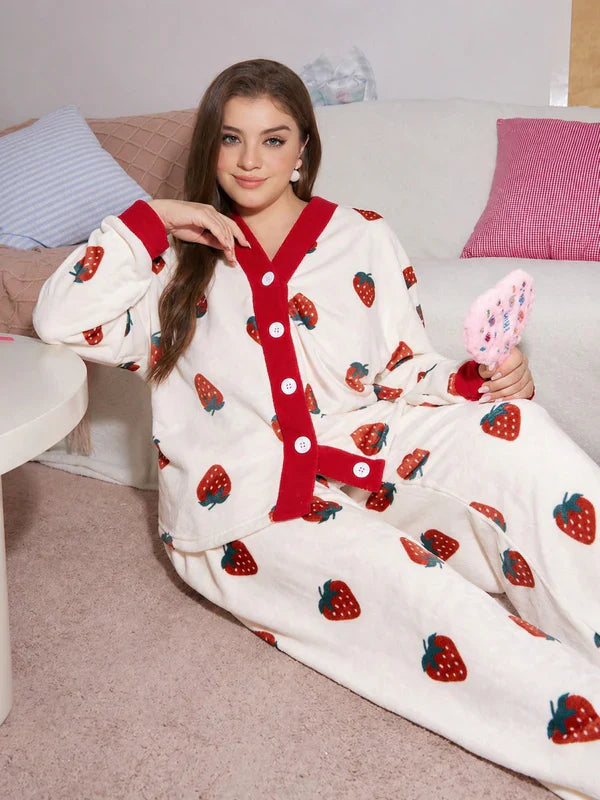 white red strawberry button night suit women pajama set cute comfortable sleepwear ladies loungewear two piece printed nightwear Gharsaman