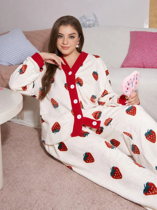white red strawberry button night suit women pajama set cute comfortable sleepwear ladies loungewear two piece printed nightwear Gharsaman