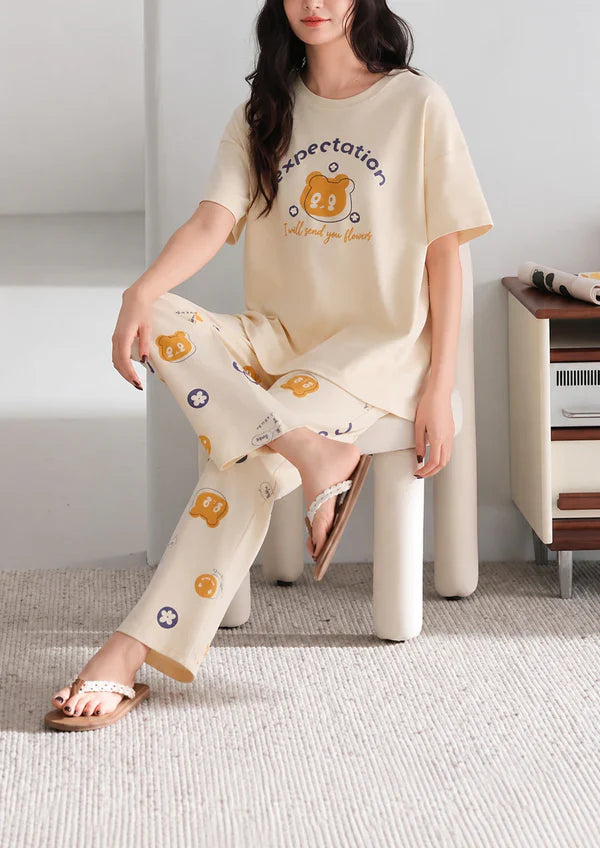 off white expectation print night suit women pajama set comfortable sleepwear ladies loungewear two piece printed nightwear Gharsaman