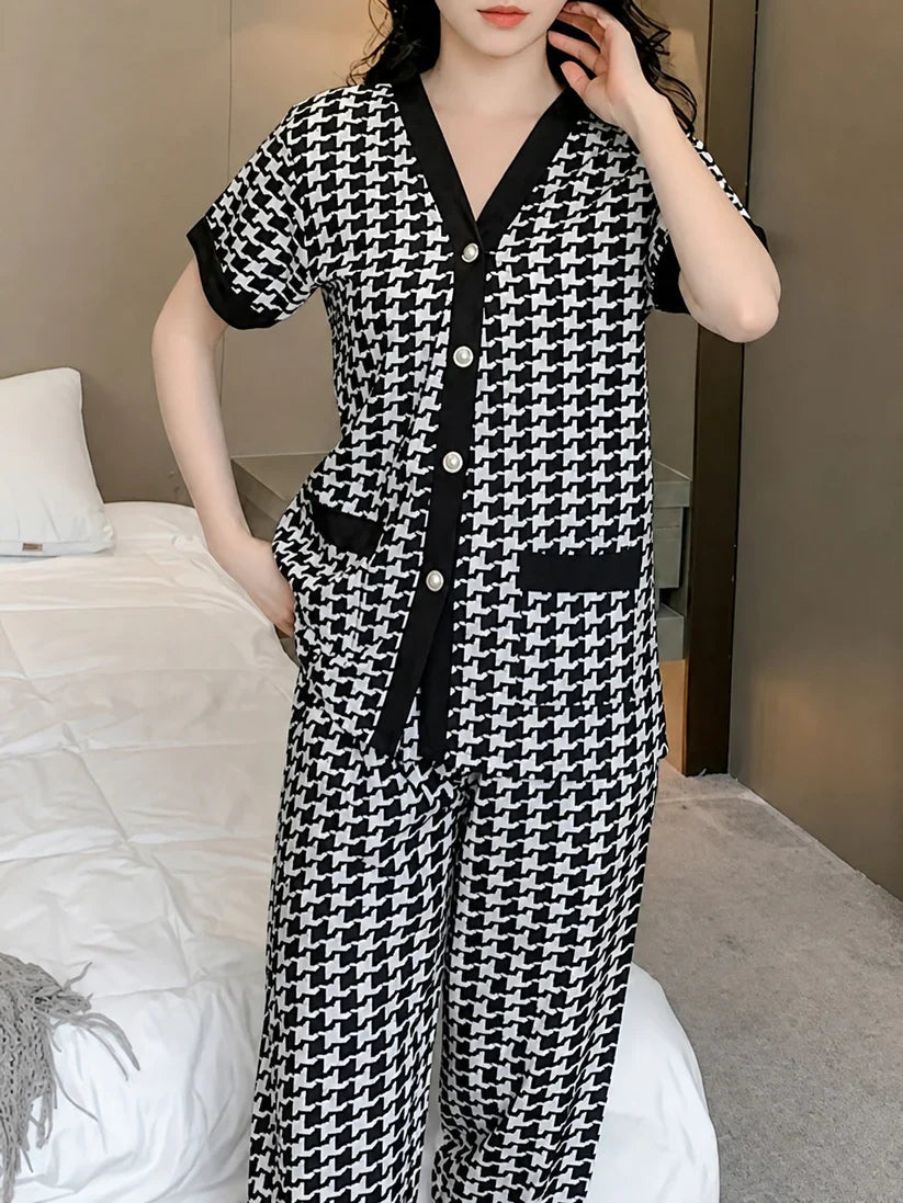 black white check night suit women pajama set comfortable sleepwear ladies loungewear two piece check print nightwear Gharsaman