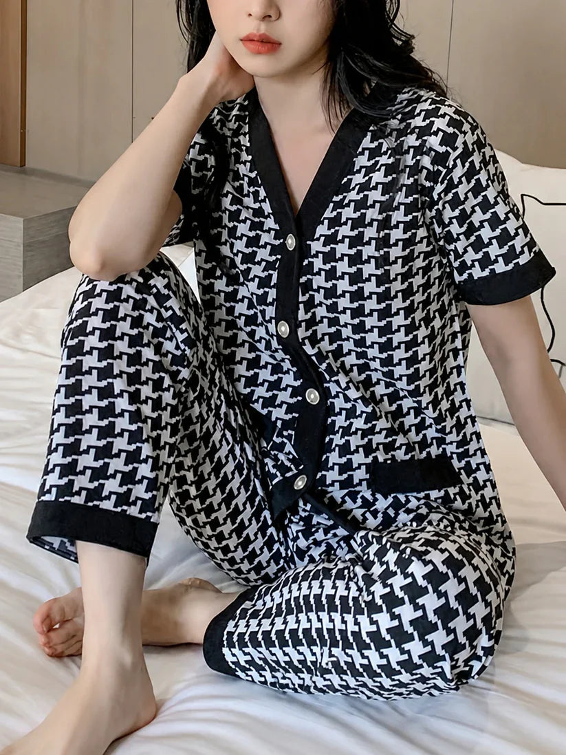 black white check night suit women pajama set comfortable sleepwear ladies loungewear two piece check print nightwear Gharsaman