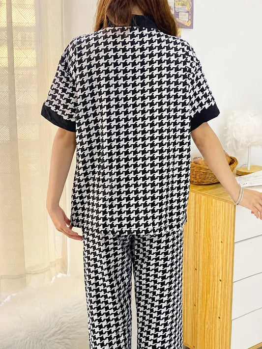 black white check night suit women pajama set comfortable sleepwear ladies loungewear two piece check print nightwear Gharsaman