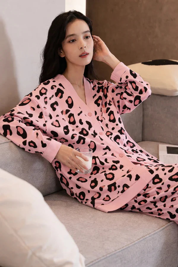baby pink cheetah print night suit women pajama set soft comfortable sleepwear ladies loungewear two piece nightwear Gharsaman