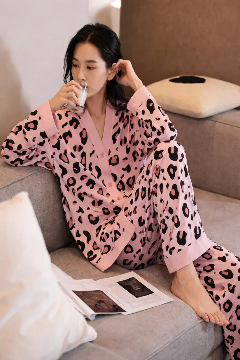 baby pink cheetah print night suit women pajama set soft comfortable sleepwear ladies loungewear two piece nightwear Gharsaman