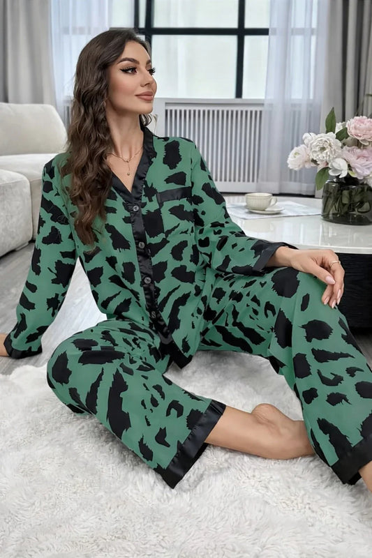 dark green cheetah print night suit women pajama set comfortable sleepwear ladies loungewear two piece printed nightwear Gharsaman